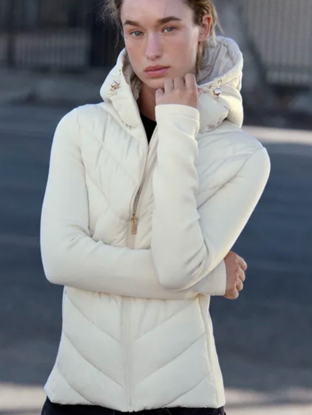 NWT ZARA Women's Hooded Combination Puffer Jacket Sz Large Ivory
